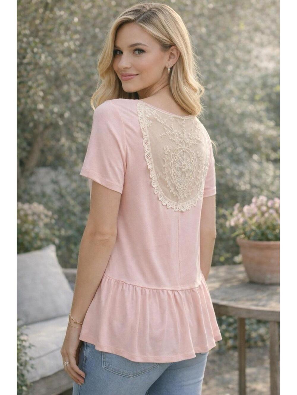 Hailey & Co Pink Peplum Blouse Lace Back Short Sleeve Rayon Stretch Top - A7